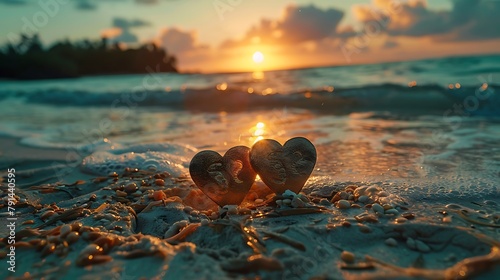 Two hearts are on the beach, one of which is slightly larger than the other photo
