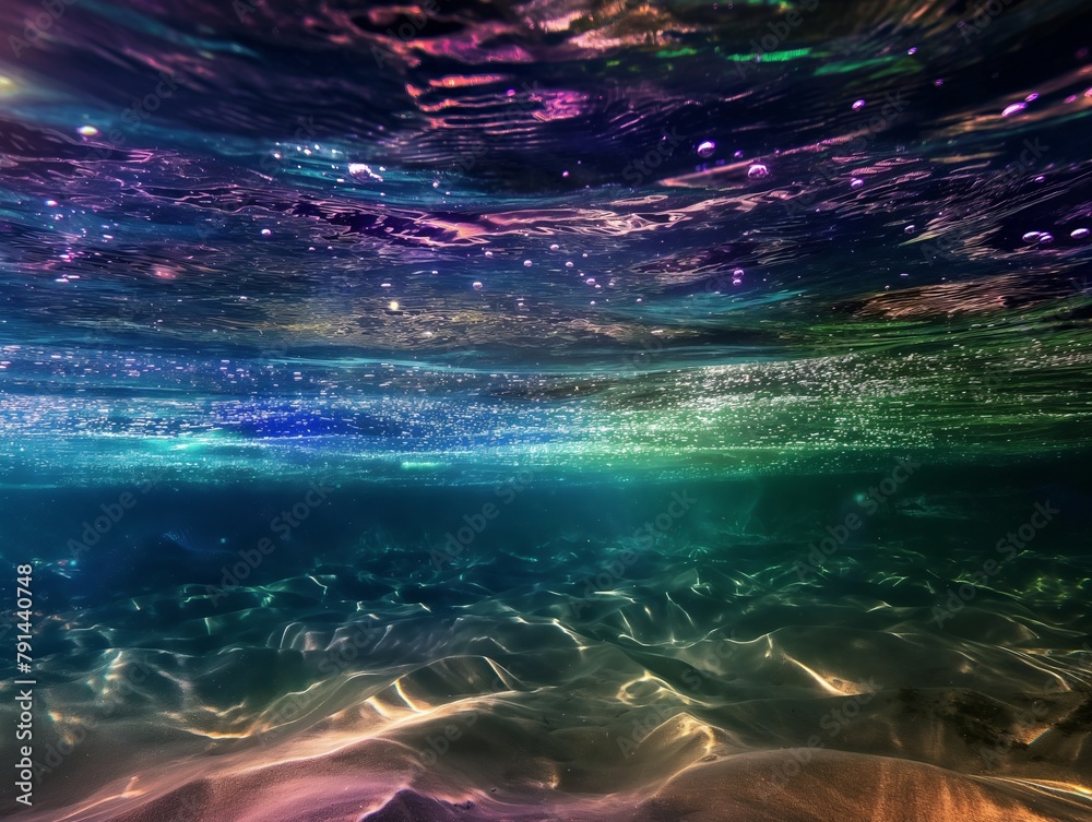A vibrant underwater view with sun rays creating a shimmering effect across the sandy seabed and water's surface.