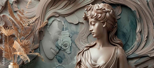 Wall mural of 3d wallpaper with a sculpture of a woman, in front of it is decorative furniture, Generative AI