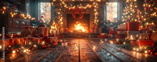 A cozy Christmas scene with a warm fireplace and festive decorations