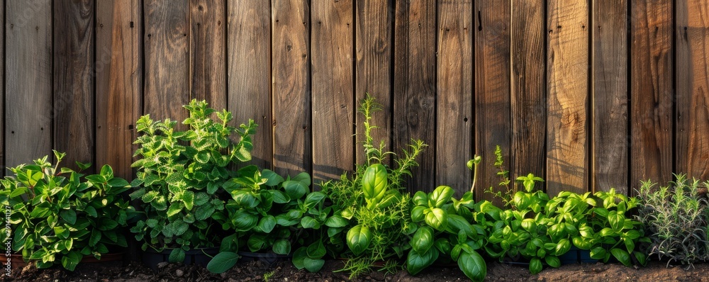 Fresh and vibrant minimalist herb garden against a wooden fence
