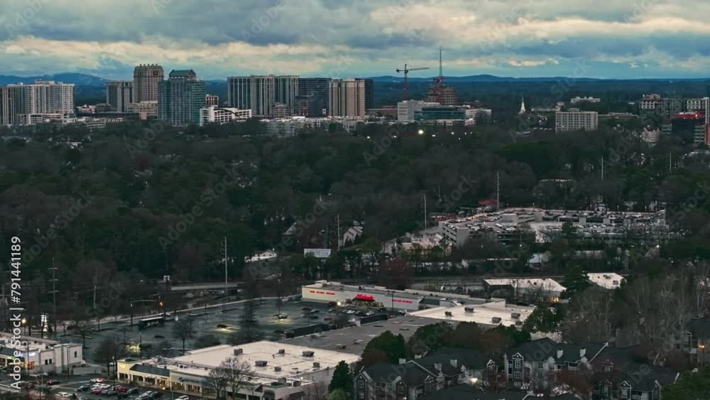 Cloudy Sunset Over Built Structures In City Of Atlanta, Georgia. aerial shot Cloudy Sunset Over Built Structures In City Of Atlanta, Georgia. aerial shot