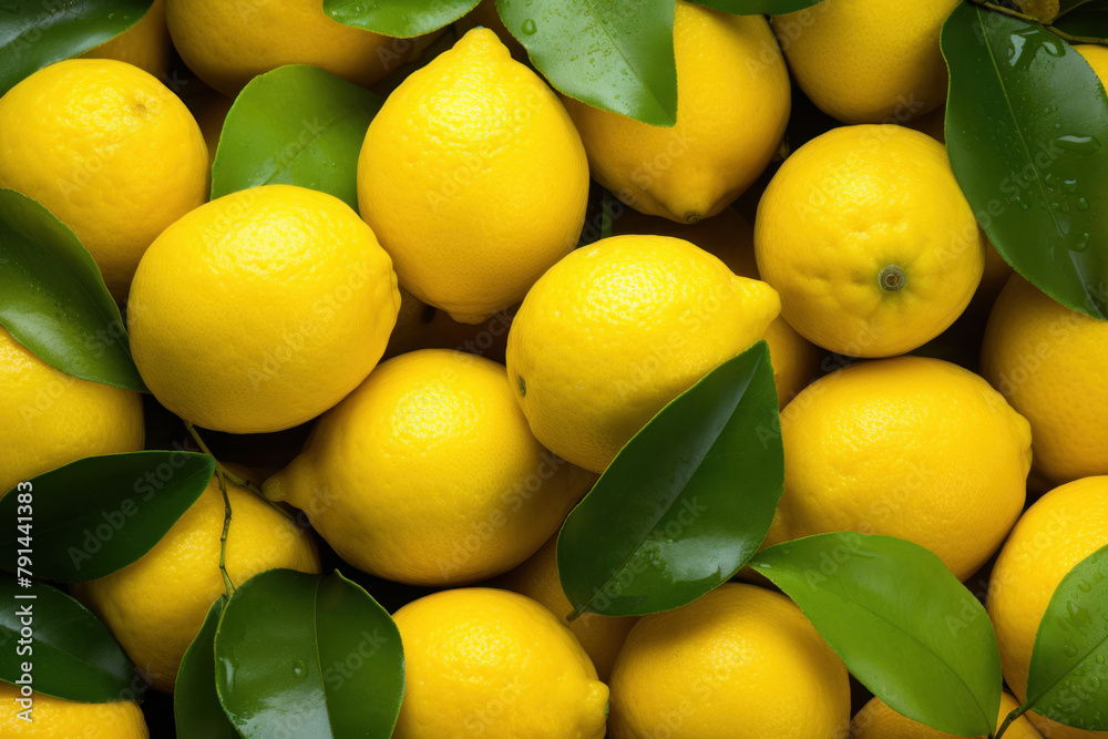 Fresh juicy yellow lemons solid background. Raw food and vegan fruit products. Healthy organic food. Citrus fruits closeup with water drops