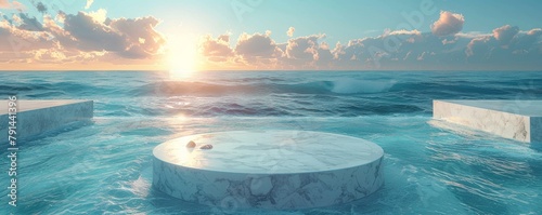 Luxurious marble infinity pool at sunset with serene ocean views and gentle waves photo