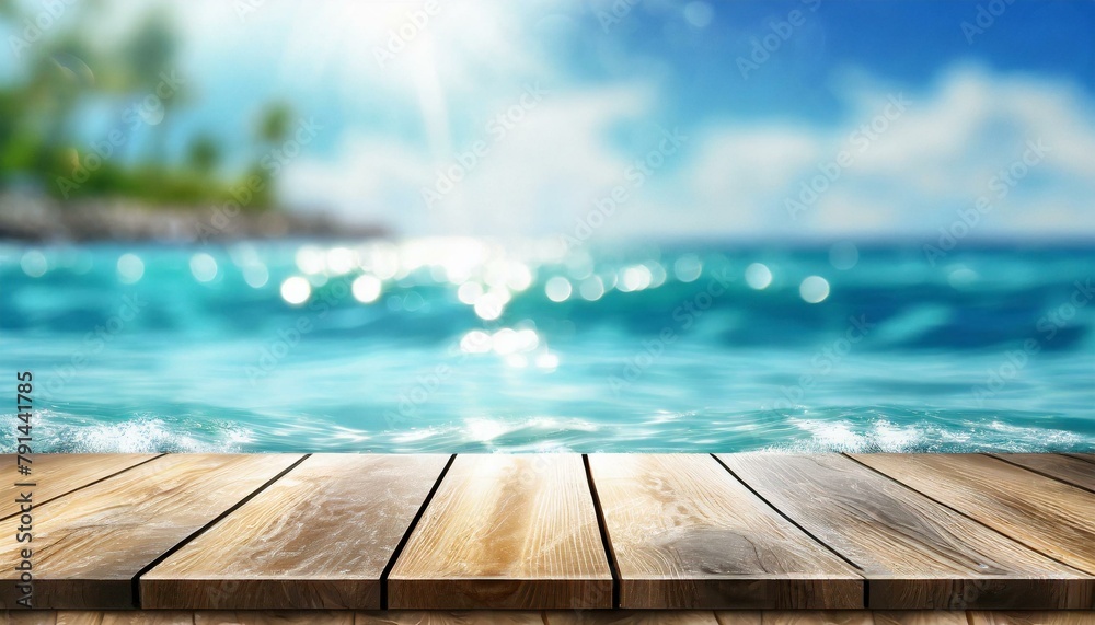 Elevate Your Designs: Wooden Table Top on Summer Sparkling Sea