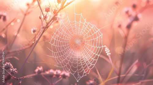Stunning sunrise backdrop accentuating the delicate dew drops on a spiderweb