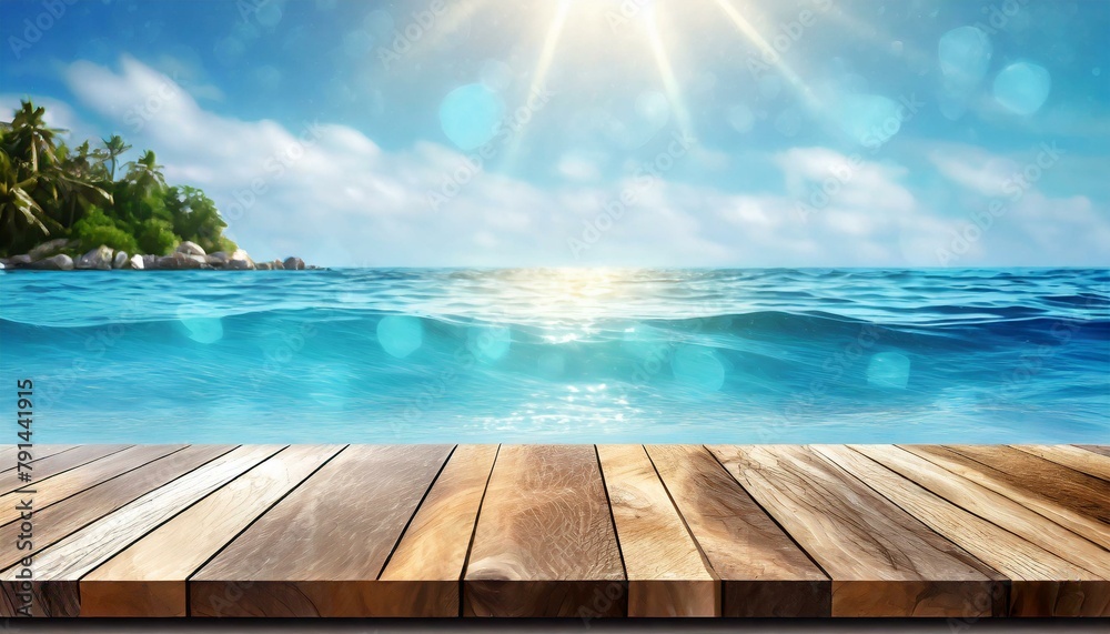 Wooden Table Top on Blue Summer Sparkling Sea: Dive into Relaxation