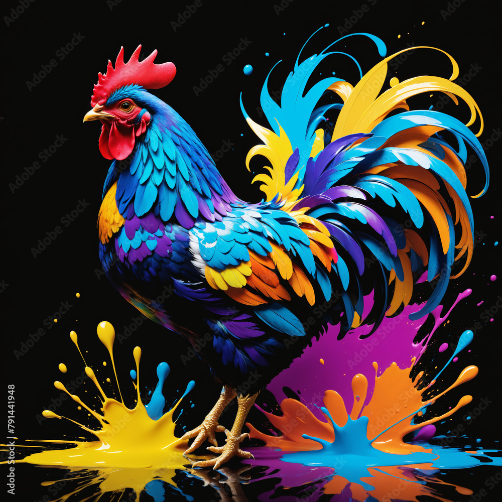 colorful rooster standing on a black background. The rooster has an abstract design, with splashes of paint in various colors around it.