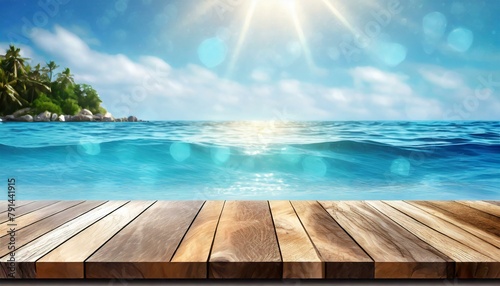 Wooden Table Top on Blue Summer Sparkling Sea: Dive into Relaxation © Dostain