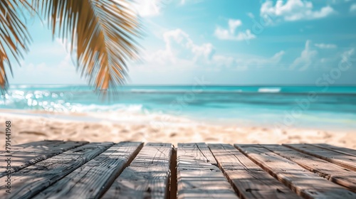A blurred and serene sea background on the horizon of a tropical sandy beach, offering a relaxing vacation vibe with a view that extends from a resort deck to the sunny sky, surf, and light blue waves