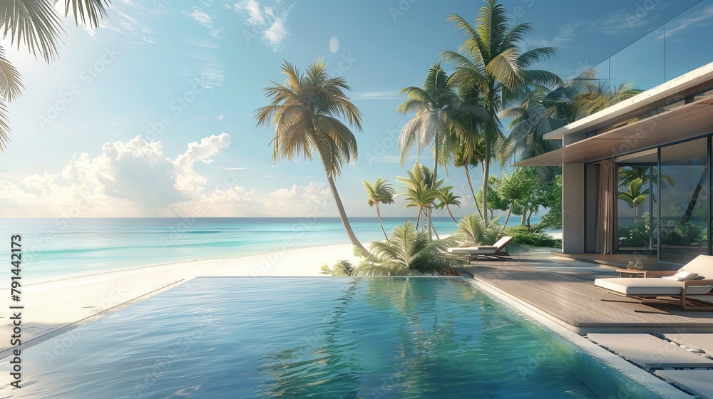 A luxurious beachfront scene featuring sunbathing decks and a private swimming pool with palm trees close to the beach, providing a panoramic sea view from a luxurious house. This is a 3D rendering