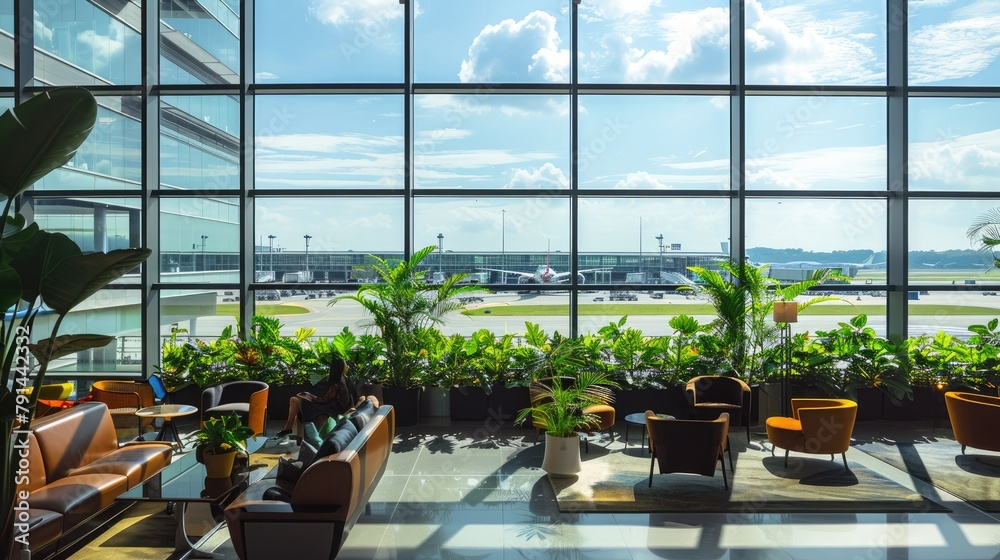modern international airport departure area with lushious greenery and coffee shops and planes and runway clearly seen in the big glass windows 