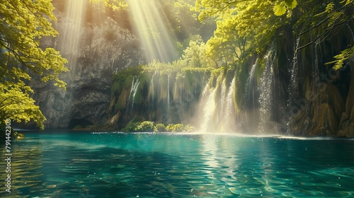 A majestic scene at Plitvice Lakes National Park in Croatia, showcasing turquoise waters and sunny beams, presented with a retro filter and vintage style for an Instagram-worthy effect photo