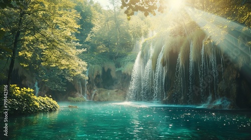 A majestic scene at Plitvice Lakes National Park in Croatia, showcasing turquoise waters and sunny beams, presented with a retro filter and vintage style for an Instagram-worthy effect photo