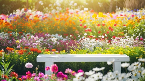 Serene garden setting with colorful varieties of blooming flowers and a white bench © Fat Bee