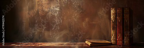 Ancient book web banner. Book of wisdom isolated on brown background with copy space.