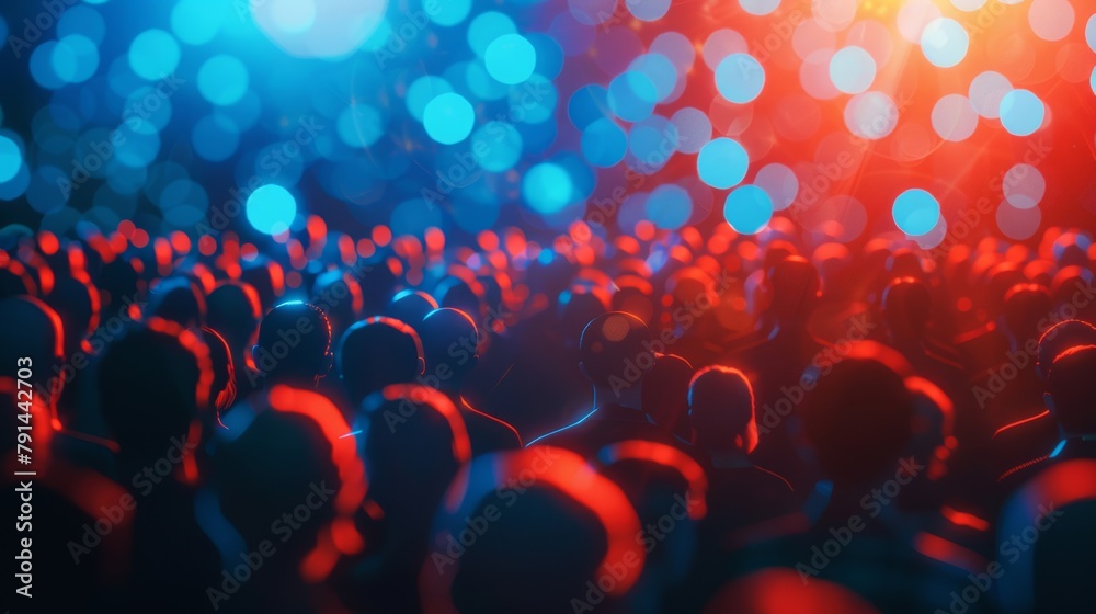 Obraz premium Blurred audience with bokeh lights, resembling a lively concert or event atmosphere.