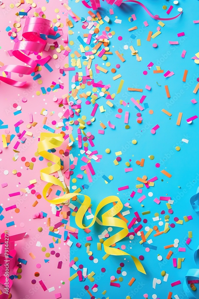 Colorful confetti and ribbons on a pink and blue background.