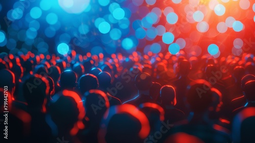 Blurred audience with bokeh lights, resembling a lively concert or event atmosphere.