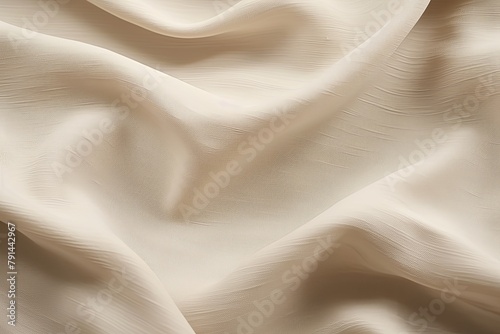 Beige linen fabric with abstract wavy pattern. Background and texture for design, banner, poster or packaging textile product. Closeup. with copy space for photo text or product, blank empty copyspace