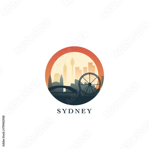 Sydney cityscape, gradient vector badge, flat skyline logo, icon. Australia city round emblem idea with landmarks and building silhouettes. Isolated graphic