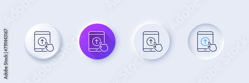 Swipe up tablet pc line icon. Neumorphic, Purple gradient, 3d pin buttons. Scrolling arrow sign. Landing page scroll symbol. Line icons. Neumorphic buttons with outline signs. Vector