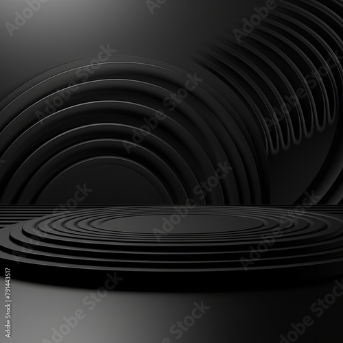 Black 3D render, abstract background with two perfect concentric circles on the right side of the canvas, simple and minimalistic design, black color palette, circular shapes, high resolution with cop