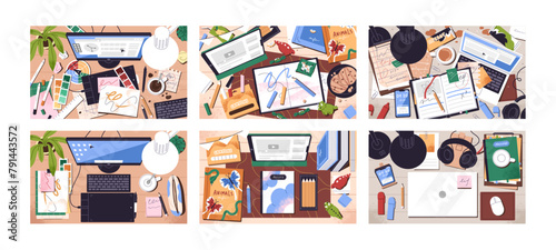 Dirty and clean workplaces top view set. Tidy computer tables and messy office desks with creative disorder, clutter: cups, notes, stationeries. Workspace organization. Flat vector illustrations