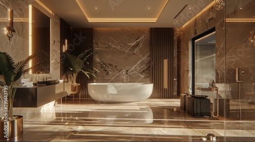 A chic and stylish bathroom adorned with marble accents and sleek fixtures, with a luxurious bathtub beckoning for a soothing soak amidst an atmosphere of refined elegance and indulgent comfort. photo