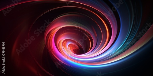 Black abstract background with spiral. Background of futuristic swirls in the style of holographic. Shiny, glossy 3D rendering. Hologram with copy space for photo text or product, blank empty copyspac