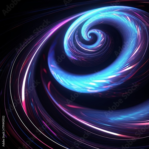 Black abstract background with spiral. Background of futuristic swirls in the style of holographic. Shiny, glossy 3D rendering. Hologram with copy space for photo text or product, blank empty copyspac