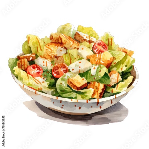 Caesar salads, watercolor illustration white background 