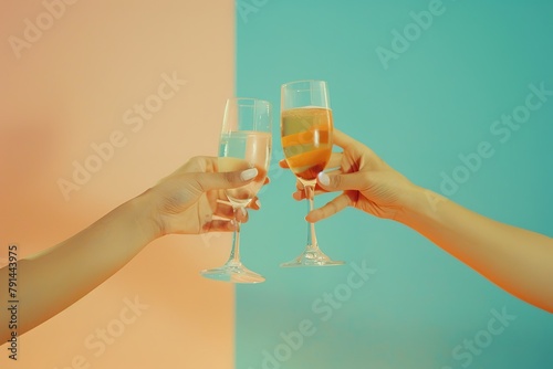 Two hands clinking champagne glasses against a colorful background.