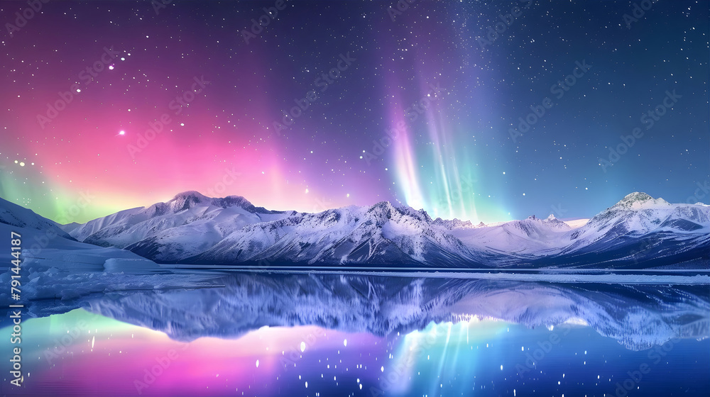 Fototapeta premium Magnificent mountain peaks background illuminated by the colorful Northern Lights on a quiet night