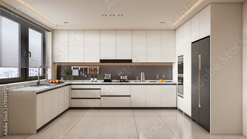 3d rendering modern kitchen fully parametric manufacturable with opened shelf cabinets © suedanstock