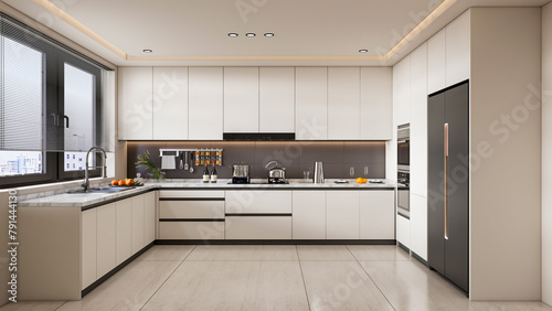 3d rendering modern kitchen fully parametric manufacturable with opened shelf cabinets