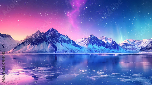 Magnificent mountain peaks background illuminated by the colorful Northern Lights on a quiet night