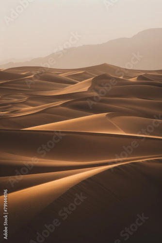 The undulating curves of desert sand dunes at dusk, with soft golden light casting long shadows