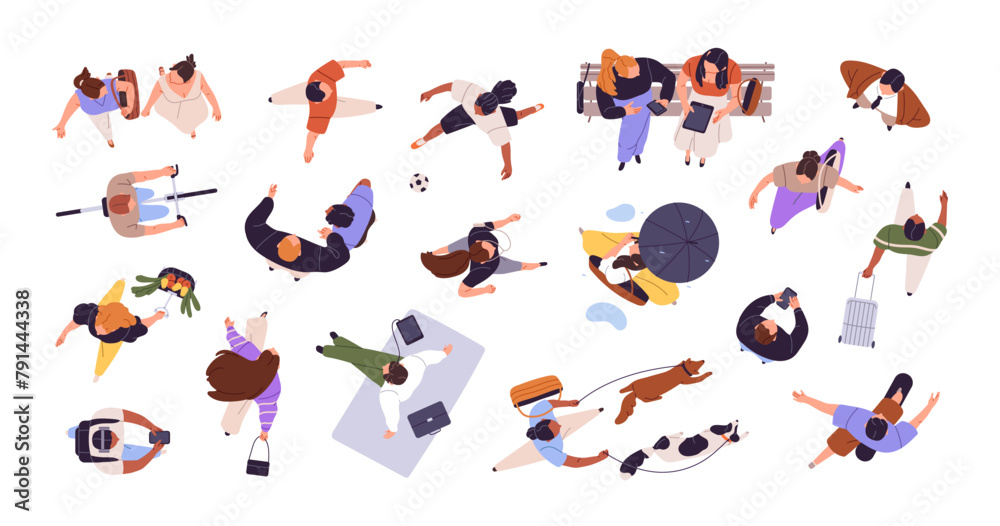 Different people top view. Person walks his dogs, girl goes with umbrella seen from above. Men and women with bike, phones move, run, stroll. Flat isolated vector illustration on white background Different people top view. Person walks his dogs, girl goes with umbrella seen from above. Men and women with bike, phones move, run, stroll. Flat isolated vector illustration on white background