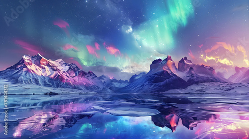 Magnificent mountain peaks background illuminated by the colorful Northern Lights on a quiet night © k design