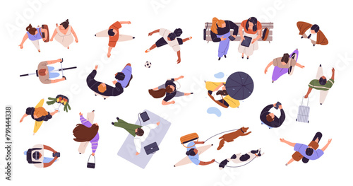 Different people top view. Person walks his dogs, girl goes with umbrella seen from above. Men and women with bike, phones move, run, stroll. Flat isolated vector illustration on white background