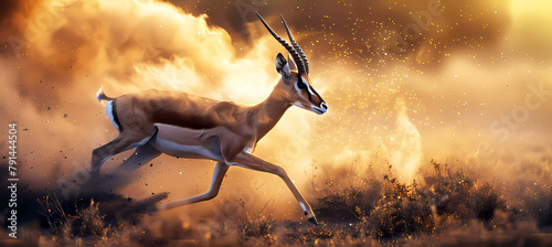 Gazelle running in savanna at sunset. Generative ai design concept art. © Stockpics