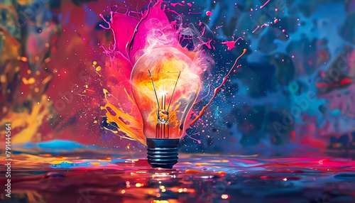 Light bulb explodes with colourful paint illustration. Generative ai design concept art.