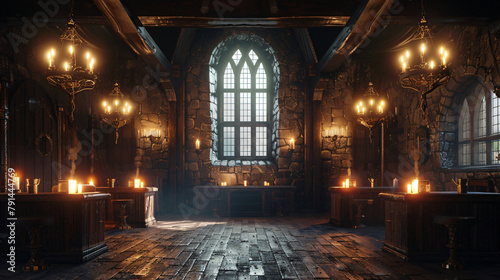 Dark moody medieval fantasy tavern inn bar with candle