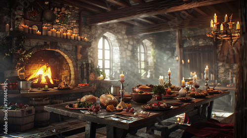 Dark moody medieval tavern inn interior with food and