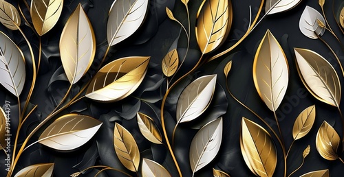 Luxury black and golden 3d interior mural floral wallpaper design. White and golden tree leaves with 3d geometric illustration background, Generative AI