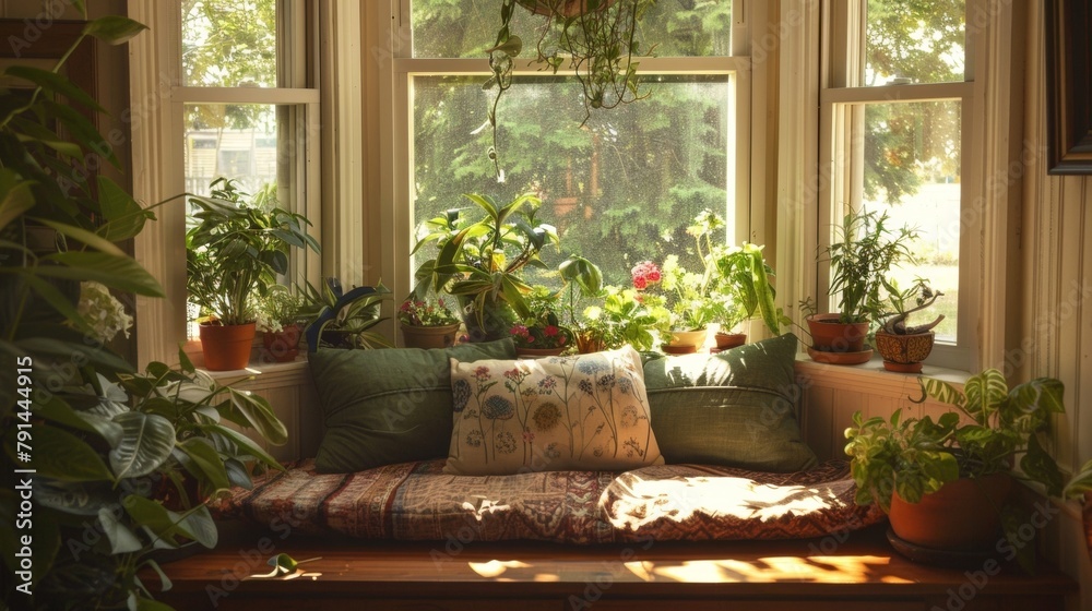 Closeup of a wooden window seat nestled in a bay window and surrounded by overflowing potted plants providing a cozy and inviting spot to relax and connect with nature. .