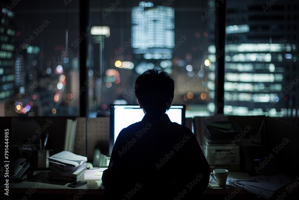 The back view of an office worker, working late at night. Generative AI The back view of an office worker, working late at night. Generative AI