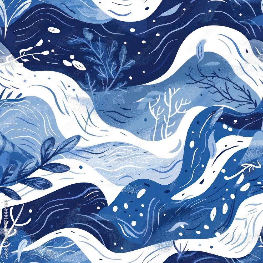 A painting featuring trees and water, predominately in shades of blue and white Concept of World Water Day, pattern A painting featuring trees and water, predominately in shades of blue and white Concept of World Water Day, pattern