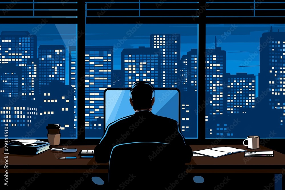 The back view of an office worker, working late at night. Generative AI The back view of an office worker, working late at night. Generative AI